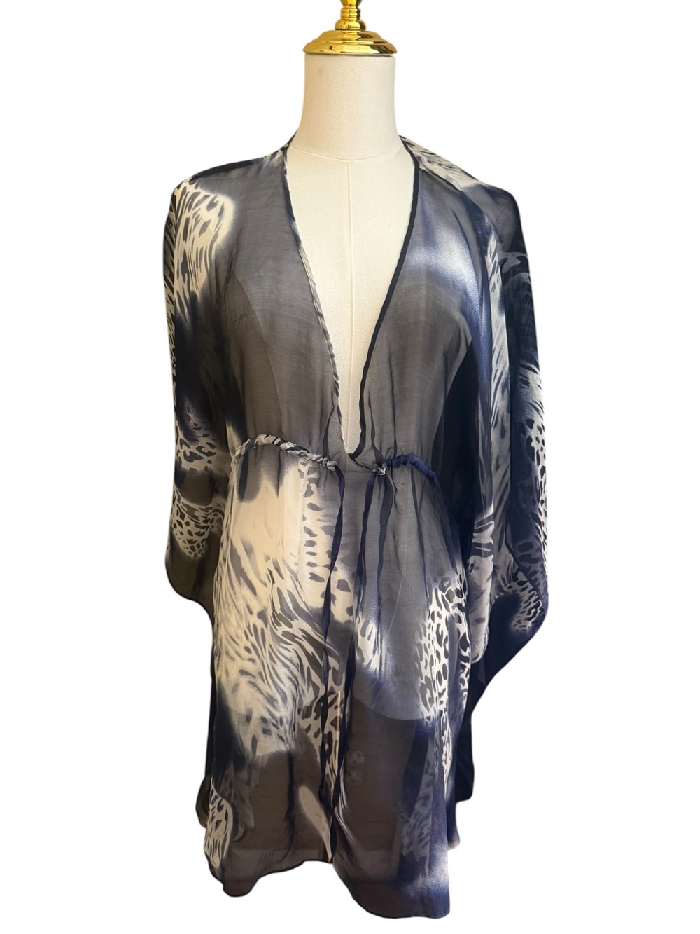 100% Silk Chico's Sheer Navy and White Animal Print Caftan Mini Dress Resortwear